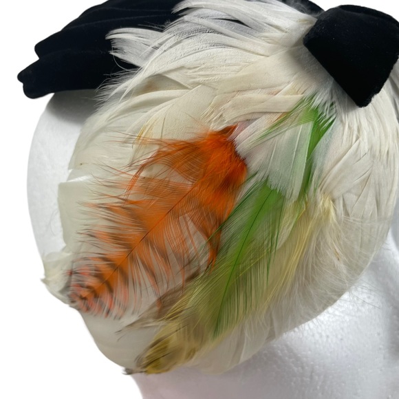 Vintage Flapper Casque Pheasant Feather Black Velvet Hat Cap Lace Lined La Vogue main image 9